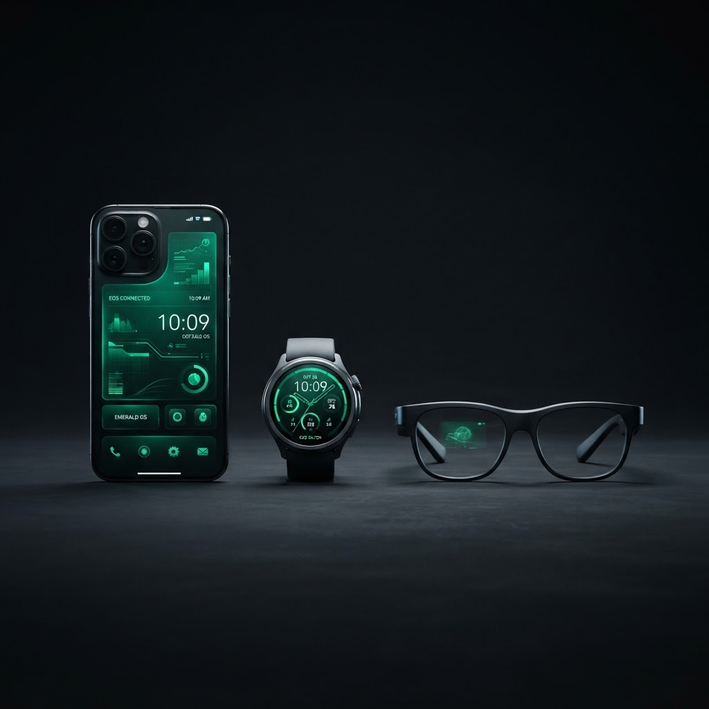 Concept render of a phone, smartwatch, and smart glasses with glowing green interfaces