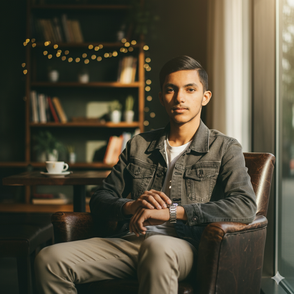Krishna Gupta seated in a leather armchair, checking his watch